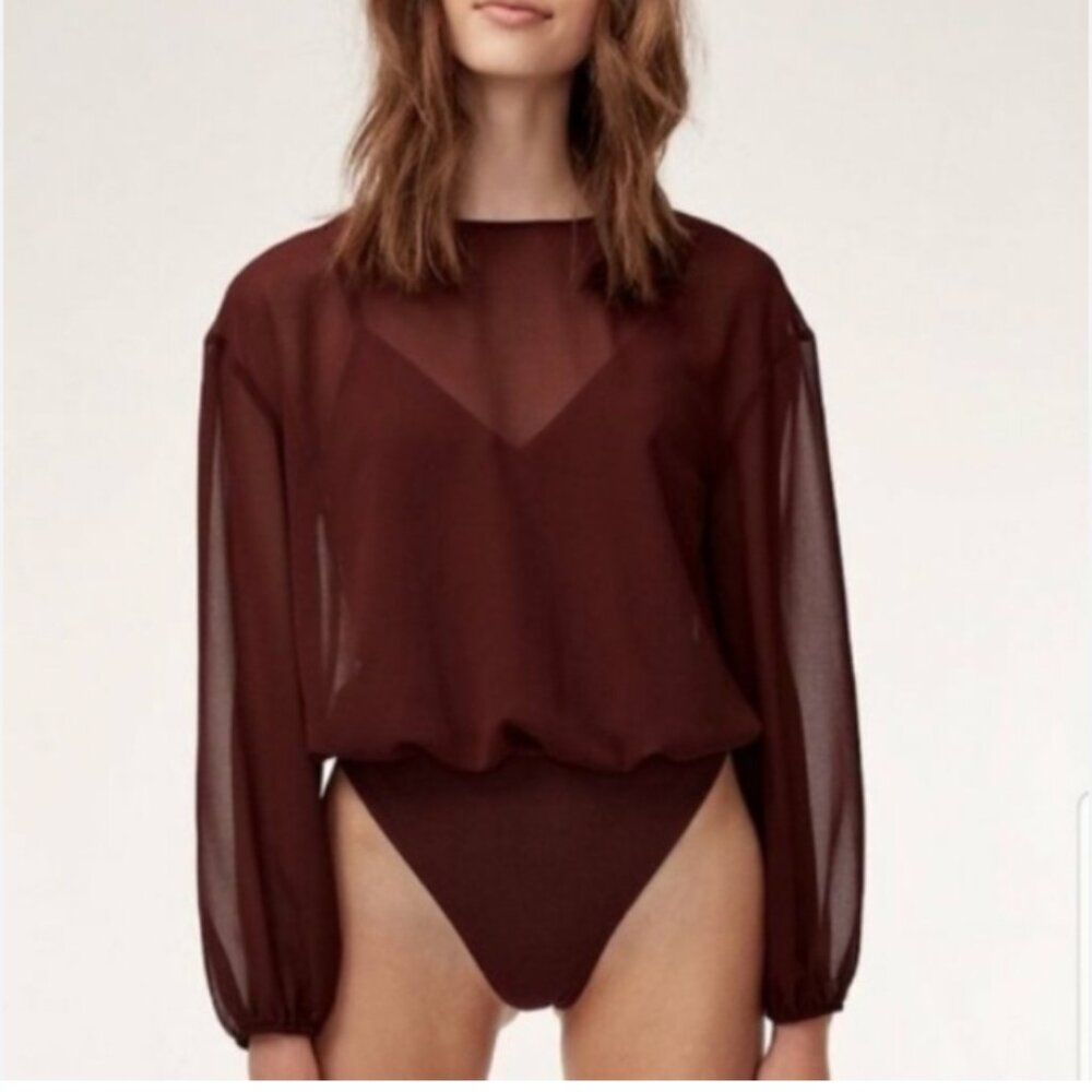 Wilfred Sheer Long Sleeve Bodysuit in Deep Maroon